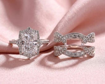 Conjunto de anillo de compromiso de moissanita talla radiante con doble banda protectora, anillo de boda halo estilo art déco para mujer, funda para anillo radiante con diseño de hielo triturado