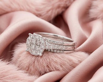 Bridal Set in 14K White Gold Plated, Three-Piece Composite Halo Engagement Ring with Matching Wedding Bands, Art Deco Style Anniversary Set