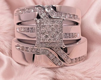Sterling Silver Diamond Trio Bridal Set – Square Halo Engagement Ring, Matching Bands