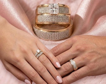 Conjunto nupcial de plata de ley chapada en oro de 14 quilates con diamantes talla radiante, alianzas de boda para él y para ella.