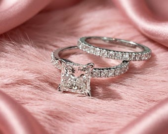 Princess Cut Solitaire With Accents Engagement Ring Set