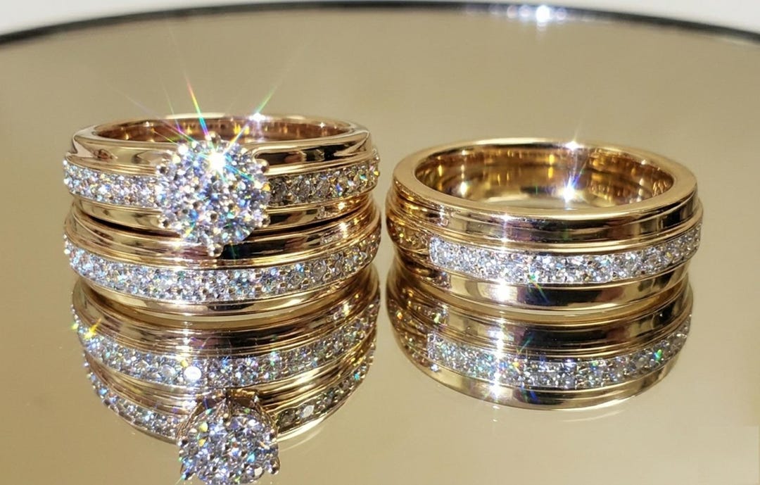 14K Gold Plated Sterling Silver Trio Wedding Ring Set, Cubic Zirconia ...