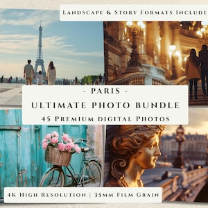 Pode incluir: Uma colagem de imagens parisienses, incluindo a Torre Eiffel, um casal a caminhar e uma bicicleta com uma cesta de flores cor-de-rosa. O texto diz "Paris - Ultimate Photo Bundle" com "45 Premium Digital Photos". Inclui "4K High Resolution" e "35MM Film Grain".