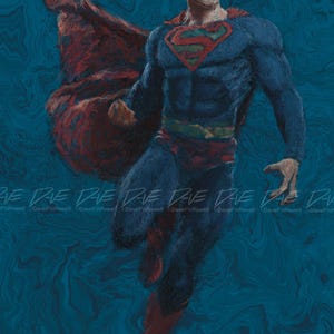 Op de afbeelding: Schilderij van Superman in een dynamische pose, met een blauw pak en rode cape. Het Superman-logo is zichtbaar op de borst. De achtergrond is een wervelend blauw patroon. Handtekening van de kunstenaar en nummer rechtsonder.