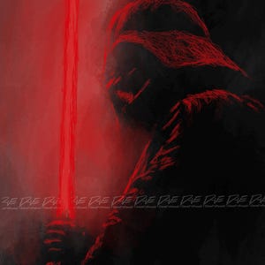 May include: Red and black digital art print of a figure holding a red lightsaber. The artwork is a sketch-like illustration with a dark background and the figure's silhouette. The artist's signature is in the bottom left corner.