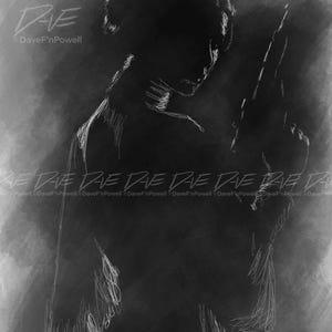 May include: A grayscale sketch of a person holding a gun, with a shadowy background. The artwork is signed "DAE" and "DaveF'nPowell". The date "11/25" is also visible. The image has a dramatic, noir-like aesthetic.