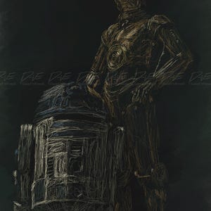 Puede incluir: Una obra de arte estilo boceto que representa a C-3PO y R2-D2 de Star Wars. C-3PO, representado en dorado, está de pie junto a R2-D2, que es principalmente azul y blanco. La obra tiene un fondo oscuro con la firma y el copyright del artista.