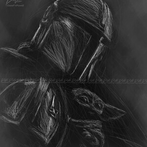 May include: A black and white sketch of a helmeted figure, rendered with white lines on a dark background. The artwork features a detailed depiction of the helmet and the figure's upper body. The artist's signature is visible in the upper left corner.
