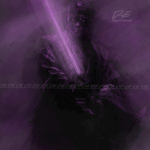 May include: Digital art of a figure holding a purple lightsaber, with a dark, shadowy aesthetic. The artwork features a blend of purple and black hues, with the artist's signature in the corner. The overall theme is science fiction.