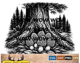 Morel Mushroom Tree SVG, Rustic Hunting Laser Engraving File (Instant Download)
