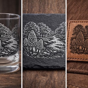 Archivo SVG de arroyo con setas morillas, archivo de grabado láser rústico para caza (descarga instantánea)