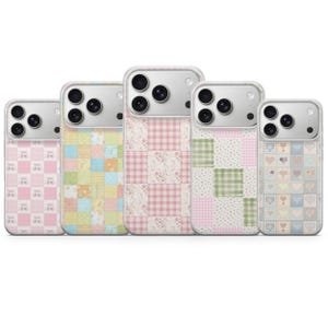May include: Five phone cases with various patchwork designs. The cases feature a range of colors, including pink, green, blue, and yellow. Each case has a different pattern, such as gingham, floral, and heart motifs.