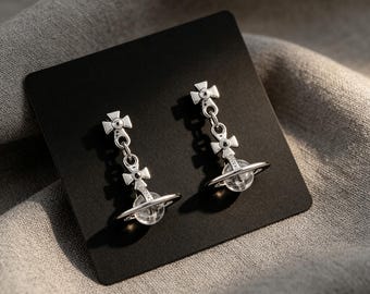 Westwood Saturn Orb Dangle Drop Earrings, Silver Tone Saturn Charm Earrings, Fashion Punk Jewelry Gift for Her