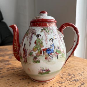 Vintage japansk Kutani Geisha porslins tekanna handmålad Moriage blåregn 17 cm