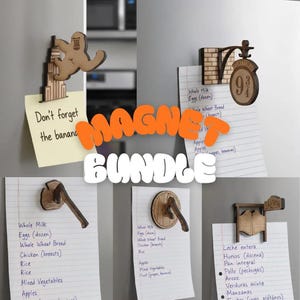 May include: A selection of wooden fridge magnets, featuring a gorilla on a building, a pizza shop sign, an axe, and saloon doors. Each magnet holds a shopping list. The words "MAGNET BUNDLE" are in orange and white.