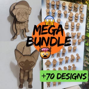 Pode incluir: Recortes de madeira, incluindo um pug com gorro e suéter de Papai Noel, um gato siamês e vários designs de animais e personagens. A imagem inclui o texto "MEGA BUNDLE" e "+70 DESIGNS".