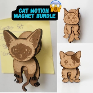 May include: Wooden cat magnets in various poses. The magnets are laser-cut with detailed features and a light brown finish. The text "CAT MOTION MAGNET BUNDLE" is displayed above the magnets.