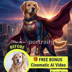 Puede incluir: Un perro golden retriever disfrazado de superhéroe, con un traje azul y burdeos y una capa, de pie en una azotea con una ciudad al atardecer. La imagen incluye el texto "ANTES" y "BONO GRATIS Vídeo Cinematográfico IA Superhéroe".