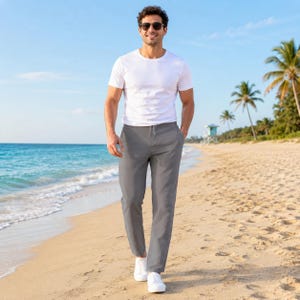 Herren-Baumwoll-Leinenhose, locker sitzende, atmungsaktive Hose, weite Strand-Jogginghose mit Kordelzug, lässige Streetwear-Loungewear-Hose