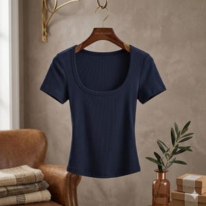 Op de afbeelding: Een marineblauw T-shirt met ronde hals en korte mouwen hangt aan een houten hanger. Het shirt is gemaakt van een zachte, effen stof. De woorden "ATELIER MARIN" staan op de hanger.