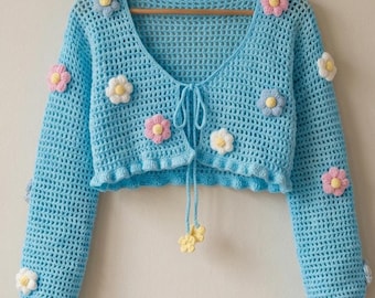 Cardigan a rete con margherite, modello all'uncinetto / Top corto estivo boho per principianti / Cardigan con pizzo floreale in PDF / Modello di top estivo all'uncinetto