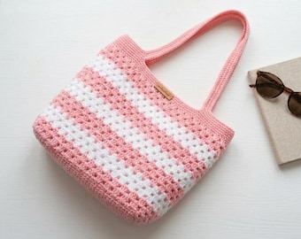 Modello PDF per borsa tote all'uncinetto - Borsa a righe stile nonna per principianti - Tutorial per borsa all'uncinetto fai da te - Modello per borsa all'uncinetto