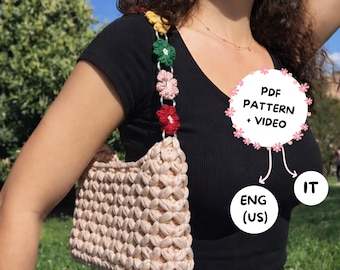 Flower Strap Crochet Bag Pattern PDF + Video, T-Shirt Yarn Purse, Shoulder Hobo Bag Crochet, ENG + ITA