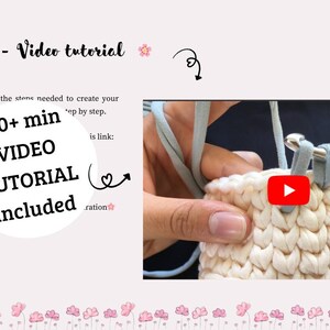 May include: A video tutorial for a crochet Tulip Basket. The image shows a close-up of the crochet process with a YouTube video play button. Text includes "20+ min VIDEO TUTORIAL included" and social media handles.