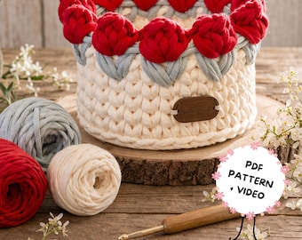 Tulip Crochet Basket Pattern PDF + Video Tutorial, Beginner T-Shirt Yarn Basket, ENG + ITA, Spring Home Decor Crochet Diy