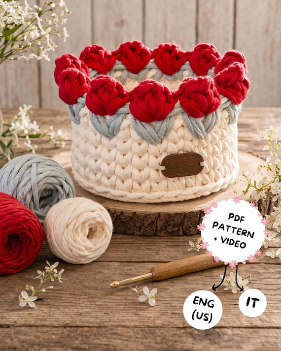 Tulip Crochet Basket Pattern PDF + Video Tutorial, Beginner T-Shirt Yarn Basket, ENG + ITA,  Spring Home Decor Crochet Diy