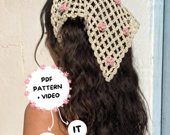 Vintage Floral Crochet Bandana Pattern PDF + Video, Beginner Hair Scarf & Hip Scarf, ENG ITA