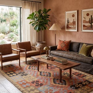 Tapis Kilim patchwork, tissage plat géométrique en laine, tapis bohème tribal du sud-ouest aux tons naturels