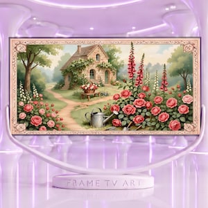 Frame TV Art, English Cottage Garden Watercolor, Samsung The Frame Pink Roses Foxgloves, Cottagecore Spring 4K TV Art Digital Download