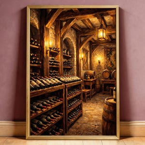 Pode incluir: Impressão emoldurada de uma adega. A imagem mostra prateleiras de vinho de madeira cheias de garrafas, barris e uma pequena mesa. A cena é iluminada por uma iluminação quente, criando uma atmosfera acolhedora. As paredes são de pedra e o teto tem vigas de madeira.