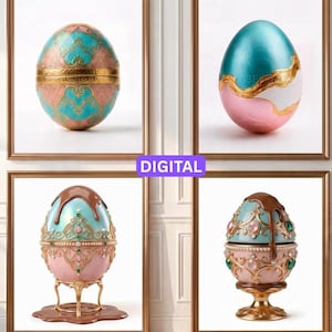 Pode incluir: Quatro impressões de arte digital emolduradas apresentando objetos ornamentados em forma de ovo. Os designs incluem padrões em turquesa e rosa com filigrana dourada, acabamentos metálicos e elementos decorativos que lembram chocolate derretido.