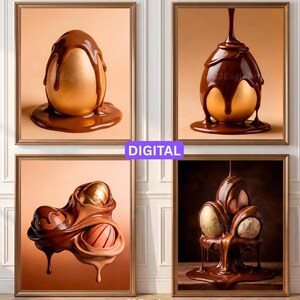 Pode incluir: Quatro quadros de parede com ovos dourados cobertos por chocolate líquido escorrendo. No canto superior esquerdo um ovo sozinho, no superior direito chocolate derramando sobre um ovo, abaixo à esquerda três ovos e à direita uma pilha.