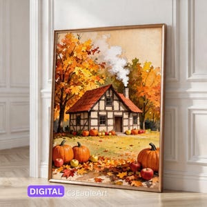 Autumn Harvest Cottage with Pumpkins Wall Art, Cozy Fall Cottagecore Print, Vintage Pumpkin Decor