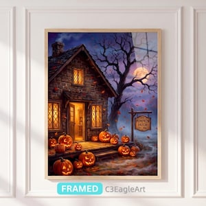 Framed Pumpkin Patch Wall Art, Vertical or Horizontal Halloween Cottage Print, Stone House Jack O Lantern, Ready to Hang Autumn Decor