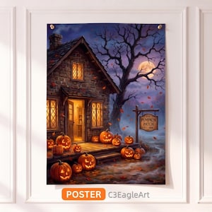 Pode incluir: Um cartaz de parede retratando uma casa de pedra à noite com uma lua cheia e uma grande árvore nua. Numerosas abóboras iluminadas estão na varanda e no chão. Uma placa de madeira pendurada num poste diz The Pumpkin Patch Est. 1888.