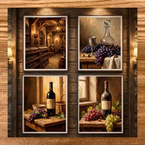 Rustic Wine Cellar 4-Piece Wall Art Set, Winery Decor, Vintage Wine Prints, Wine Still Life Bundle