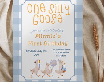 One Silly Goose Birthday Invitation Template | First Birthday Invite | Goose Theme Party | Canva Editable Template | Digital Download