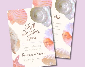 She'll Be Here Soon Baby Shower Invitation | Coastal Baby Shower | Seashell Baby Girl Shower | Editable Canva Template, Digital Download