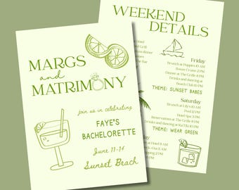 Margs & Matrimony Bachelorette Invitation Template, Editable Canva Bach Weekend Invite and Itinerary, Digital Download