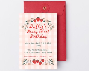Berry First Birthday Invitation Template | Strawberry 1st Birthday Party Invite | Pink Berry Theme Birthday | Editable Canva Download
