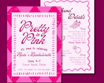 Pretty in Pink Bachelorette Invitation Template | Pink Bach Weekend Itinerary | Canva Editable Digital Download