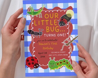 Our Little Bug Turns One Invitation Template | First Birthday Party Invite | Editable Canva Template | Bug Birthday Party