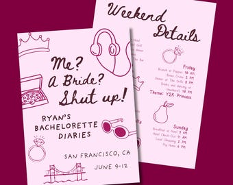Bachelorette Diaries Invitation ⎮ Princess Diaries Inspired Bach Weekend Invite and Itinerary ⎮ Editable Canva Template ⎮ Digital Download