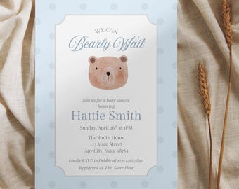 We Can Bearly Wait Baby Shower Invitation Template | Teddy Bear Baby Shower Invite | Editable Canva Template | Blue Bear Shower Invite