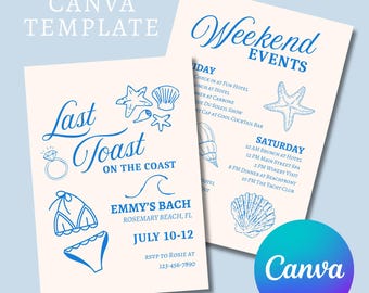 Last Toast on the Coast Bachelorette Invitation & Itinerary Canva Template | Coastal, Beach Bach Party Invite