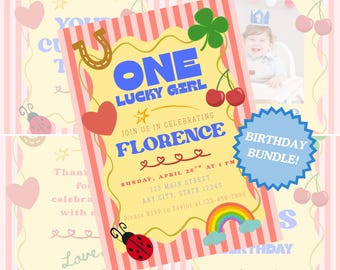 Birthday Bundle - One Lucky Birthday, Birthday Invitation, Decorations, Canva Template Digital Download